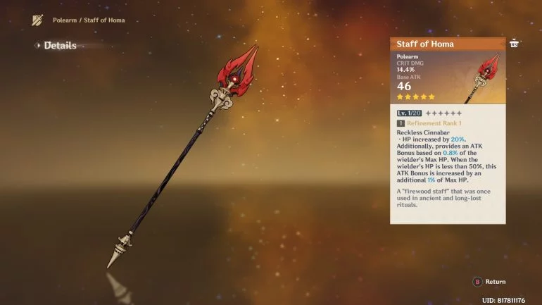 Genshin Impact Hu Tao Weapon - Staff of Homa